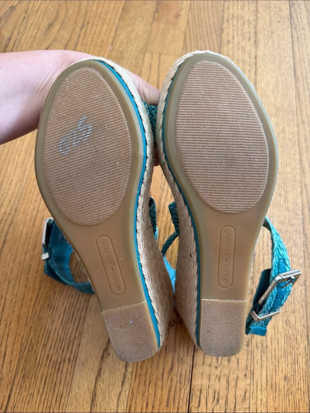 Andrew Geller Diyna Turquoise Woven Espadrille Wedge Sandals Size 8 EUC - Picture 2 of 3